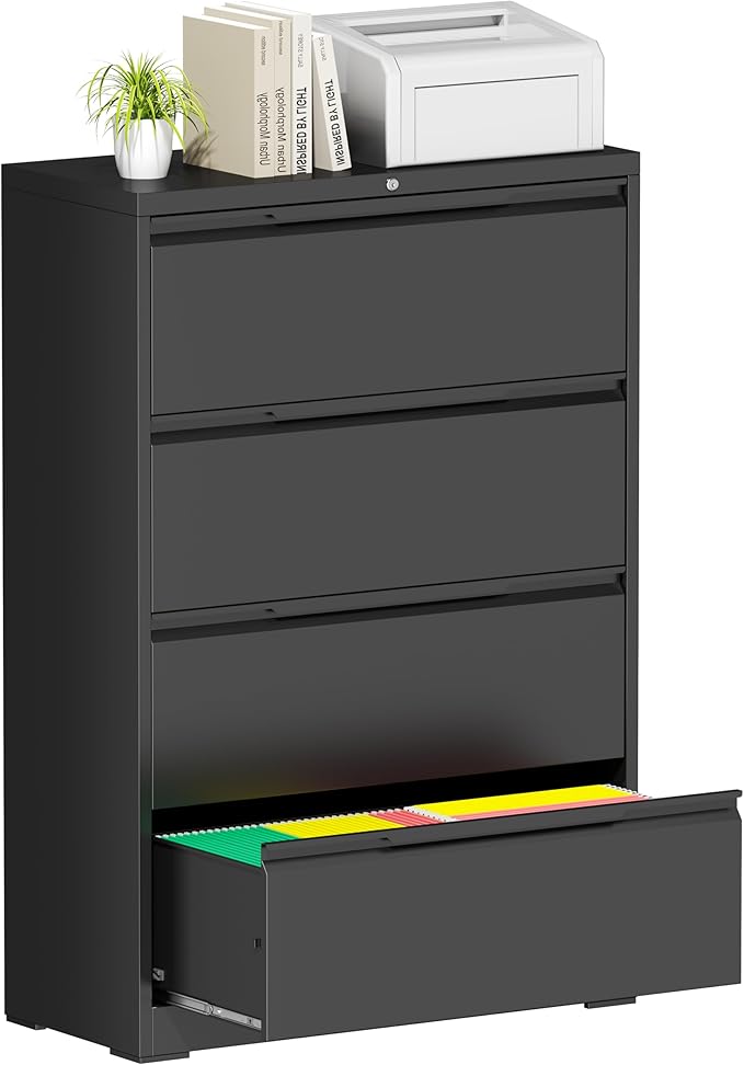 Bestoo 4-Drawer Lateral File Cabinet with Lock, Metal Filing Cabinet for Home Office, Lateral Filing Storage Cabinets, Fits File Folders, Letter/Legal/F4/A4 Sizes, Assembly Required (Black)