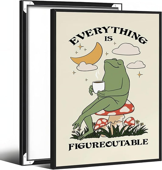 Everything Is Figureoutable Motivational Wall Art Funny Frog Coffee Inspirational Poster Positive Quote Daily Reminder Canvas Print Affirmation Wall Decor for Home Office 24x36inch Aluminum Framed