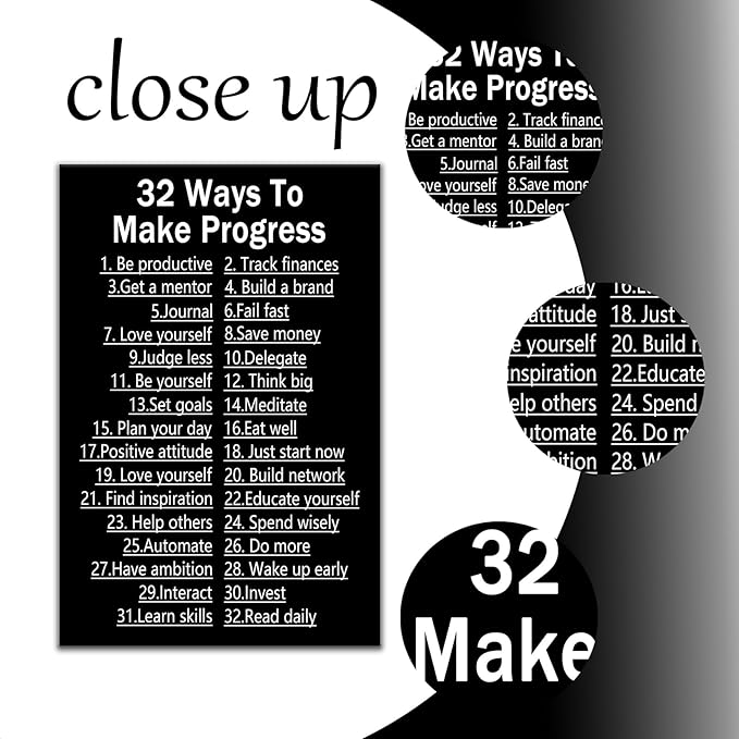 Inspirational Canvas Wall Art Motivational Office Wall Decor Quotes 32 Ways To Make Progress Poster Pictures Painting Artwork for Modern Home Study Room Bedroom Gym Ready to Hang [12''Wx 18''H]
