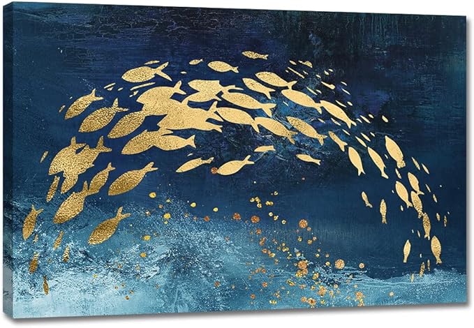 Wall Art Canvas Abstract Ocean Art Paintings Golden Fish Dancing in Blue Sea Modern Artwork Decor for Living Room Bedroom Kitchen 48x32in