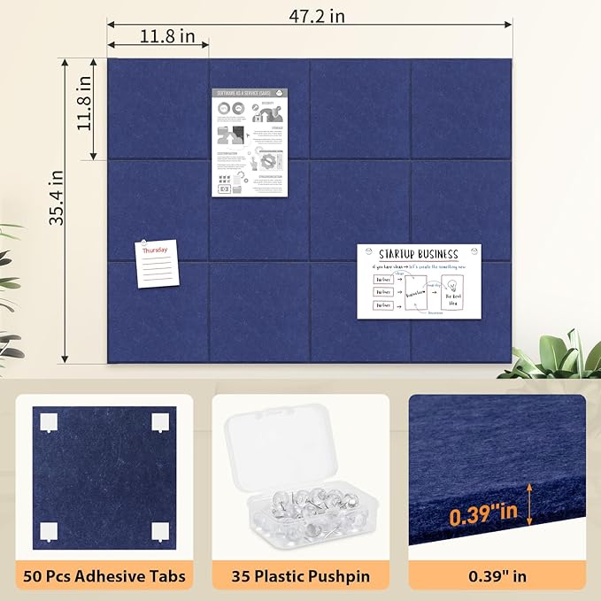Smarpau Large Cork Board for Walls, 12 Pack Square Bulletin Board, 48"x36" Pin Board with Pushpins Removable Security Stickers, Felt Wall Tiles for Office Home Decoration-Dark Blue