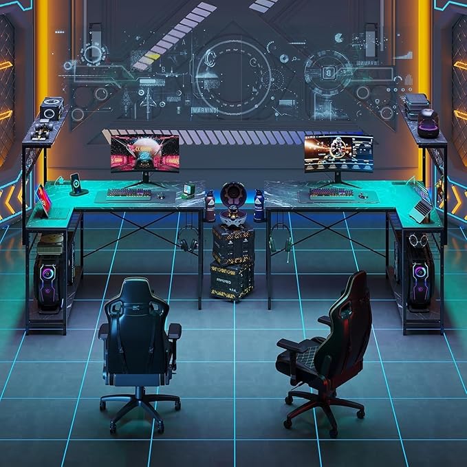 Bestier 42 L Shaped Gaming Desk, Computer Desk with Power Outlets & LED Light, Reversible Corner Desk with Shelves, Home Office Desk with Storage, Black Marble