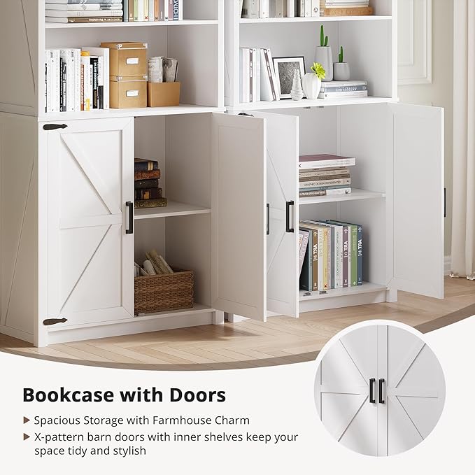 HWB 2PS Bookshelf and Bookcase with Doors, Farmhouse 5 Tier Book Shelves with Storage Cabinet, Floor Standing Bookcases with 3-Color Lights for Home Office, Living Room, Bedroom, White