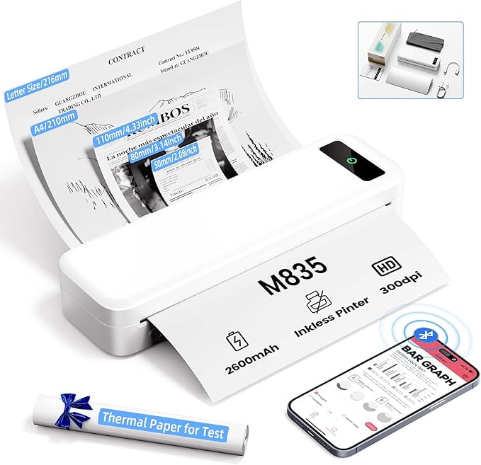 ASprink Portable Printers Wireless for Travel,M835 Inkless Thermal Printer Support 8.5" X 11" US Letter, Compatible with iOS/Android/PC/Phomemo APP, Mobile Travel Printer for Home,Car,Office,300DPI