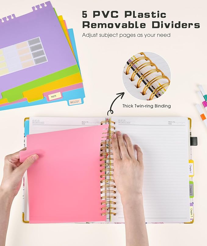 Hardcover Spiral Notebook 8.5"x11" Journal with Removable Dividers Tabs, 300 Pages 5 Subject Notebook College Ruled, Large A4 Notebooks for Work School, Journal for Women, A4 Flower White
