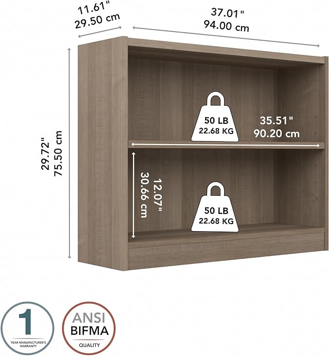 Bush Home Universal Small 2 Shelf Bookcase in Ash Gray, Low Storage and Display Bookshelf for Home Office or Living Room Organization
