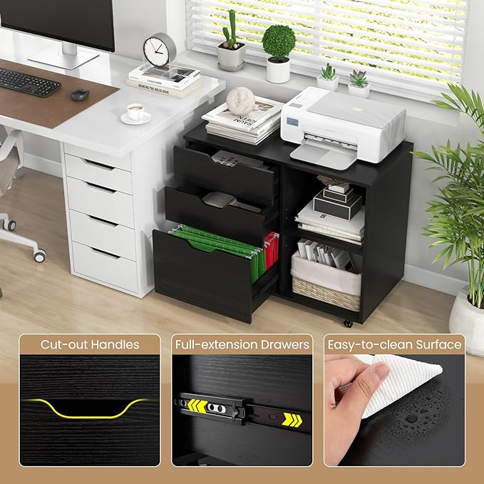 3 Drawer File Cabinet, Wood Lateral Filing Cabinet for Hanging Letter, A4, Legal Size, Rolling Printer Stand with Adjustable Shelf, Under Desk Storage for Home Office (Black)