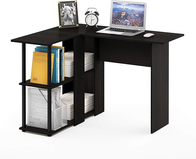 Furinno Abbott L-Shape Computer Desk with Bookshelf, Espresso/Black