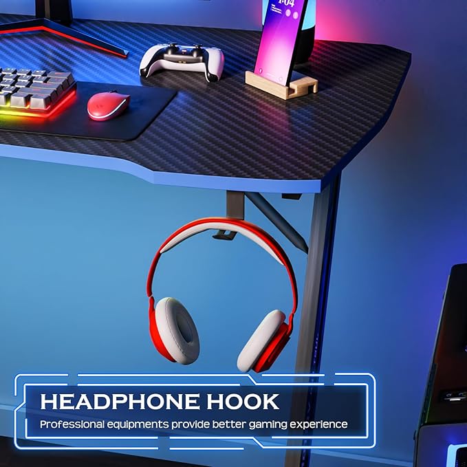 PayLessHere | 39" Gaming Table | Blue | Z-Shaped Computer Desk with Steel Frame, Headphone Hook, Adjustable Feet | Carbon Fiber Texture Surface, Sweat & Waterproof | for Gaming, Home Office