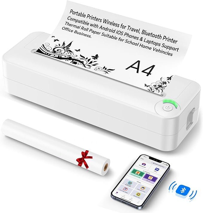 Relassy Portable Wireless Thermal Printer, Inkless A4 Printer for Travel, Home & Office, Compatible with Android, iOS, Laptops, 300DPI Compact Bluetooth Printer with Rechargeable Battery