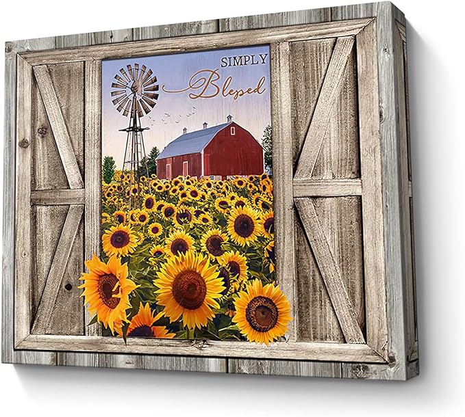 Parylore Sunflower Wall Art Canvas Print Rustic Wall Decor Sunflower Field Red Barn And Windmill Painting Framed Modern Artwork for Living Room Bedroom Bathroom Office Home Decor 16x20 In