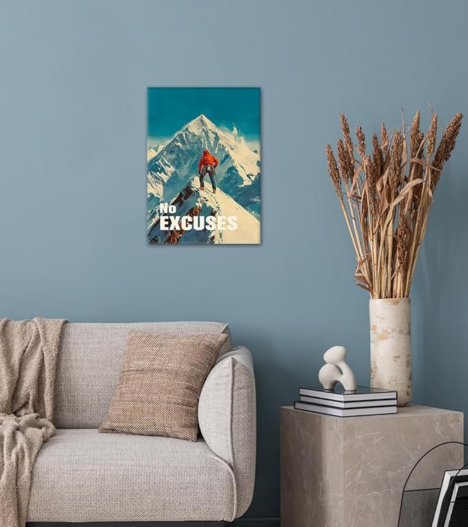 No Excuses Inspirational Wall Art - Mountain Climber Canvas Print with Motivational Quote, Encouraging Office Wall Decor, Success Reminder Artwork for Living Room Home, Framed 12"x16"