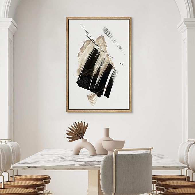 SIGNWIN Framed Canvas Print Wall Art Brushstroke Minimalist Black and Beige Illustrations Modern Art Minimal Multicolor for Living Room, Bedroom, Office - 24"x36" Natural