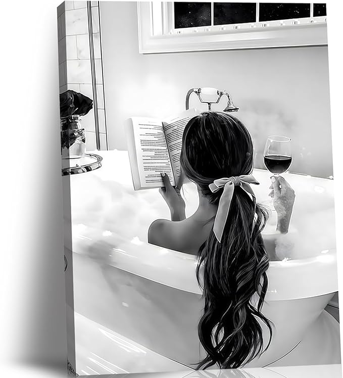 Framed 2pcs Black and White Trendy Bathroom Wall Art Girl in Bathtub Poster Aesthetic Picture Canvas Prints for Fashion Girl Bathroom Décor Minimalist Painting 16x24Inch