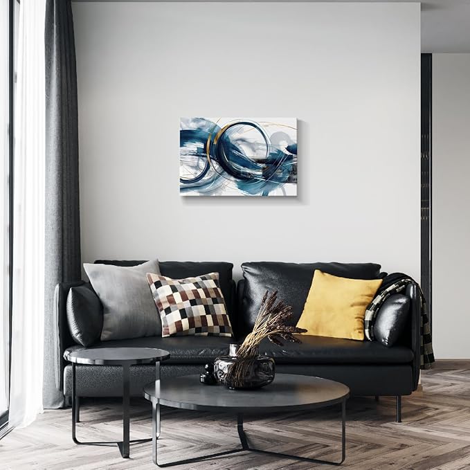 gaosoul Modern Abstract Canvas Wall Art Dynamic Blue Gold Lines Doodled on White Background Paintings Framed Minimalism Artwork Prints for Living Room Bedroom Office Decor 24x16in