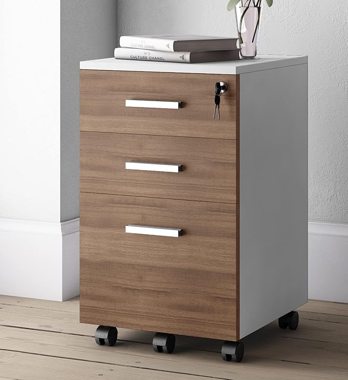 Modern Design Lazio File Cabinet, Filing Cabinets for Home Office, Drawers for Under Desk, Locking 3 Drawer Rolling Filing Cabinet with Lock, Walnut and White, by Crafts and Comfort