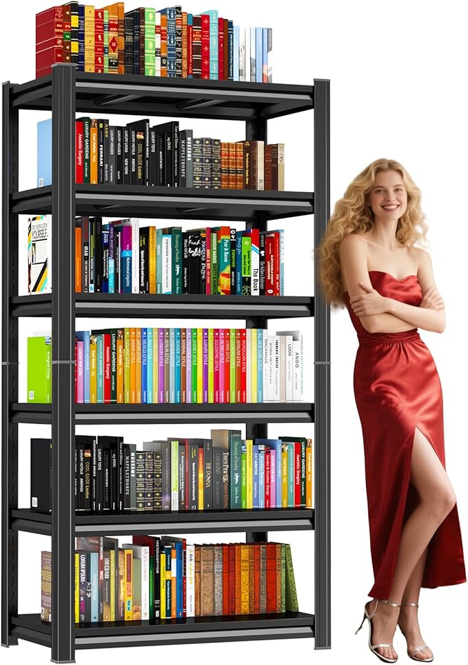 Industrial 6-Tier Bookshelf with Storage - Tall Open Shelf Bookcase for Home Office, Living Room & Bedroom, Sturdy Metal Display Shelves, Black, 1800LBS Ideal for Multifunctional Storage Rack, 82"H