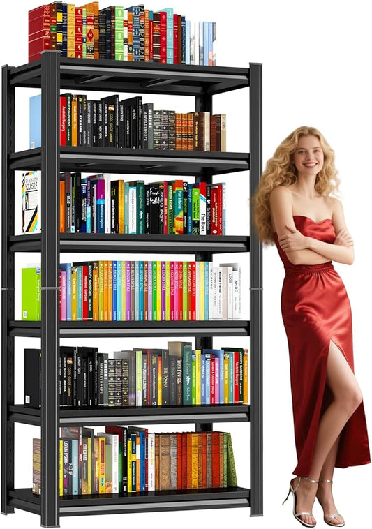 Industrial 6-Tier Bookshelf with Storage - Tall Open Shelf Bookcase for Home Office, Living Room & Bedroom, Sturdy Metal Display Shelves, Black, 1800LBS Ideal for Multifunctional Storage Rack, 82"H