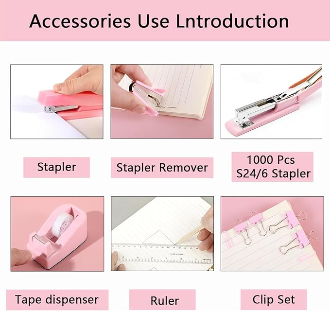 suniya Office Supplies,Desk Accessories,Tape Holder,Stapler,Scissor,Staple Remover,Box of Binder Clips,Staples,Ballpoint Pen,Sticky Notes,Clear Tape,Ruler,Office Supplies Set Pink
