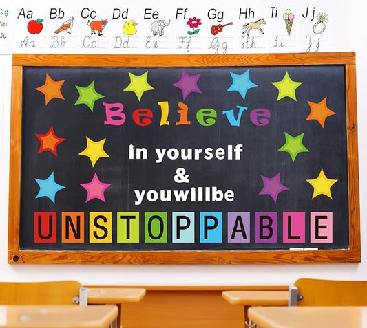 54 Pcs Believe in Yourself Bulletin Board Decorations Stylish Star Inspirational Quotes Bulletin Cutouts Wall Decals with Glue Point Dots for School Classroom Home Teacher Supplies