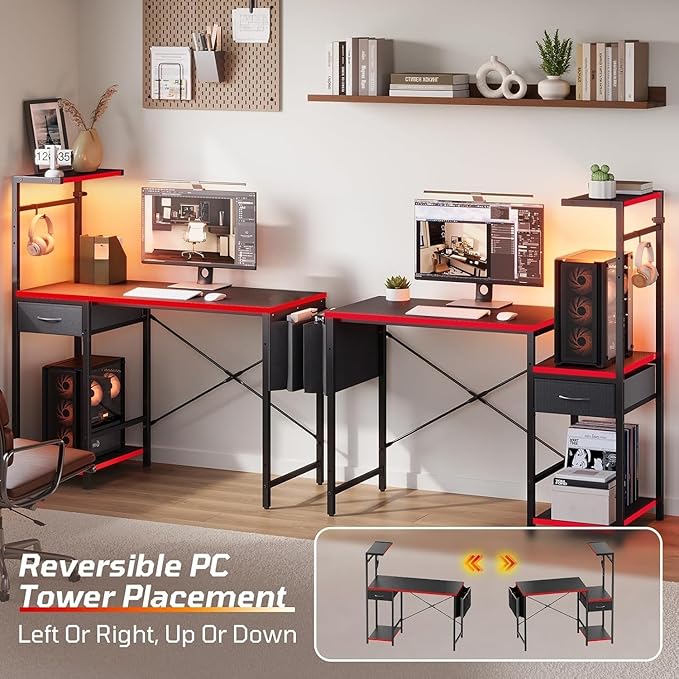 Bestier Gaming Desk with Drawer, 44 Inch Small Computer Desk with PC Shelf, Gaming Table with LED Lights for Small Spaces, Reversible Gamer Desk with Storage Bag & Side Hook, Black-RED