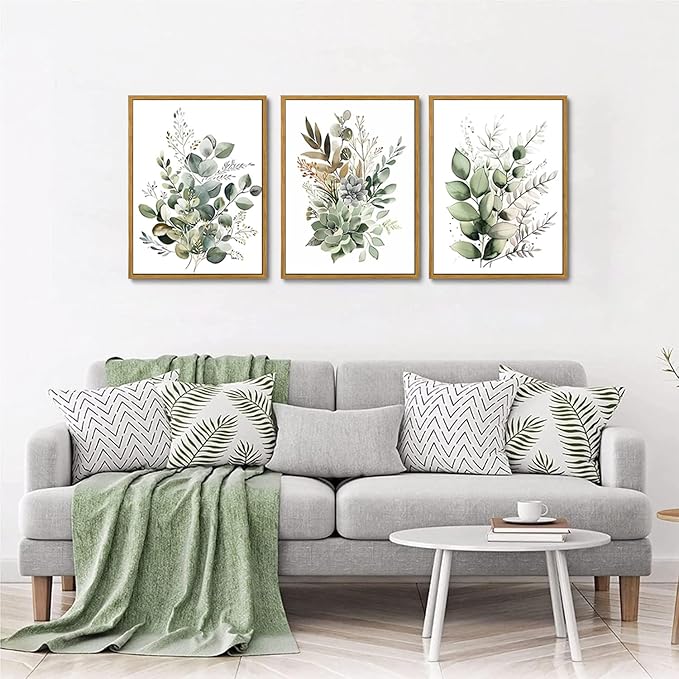 Bwodke Botanical Wall Art Plant Floral Watercolor Poster Canvas Prints Set of 3 Framed Sage Green Painting Eucalyptus Leaf Picture Modern Minimalist Home Decor Bedroom Bathroom Living Room 12"x16"