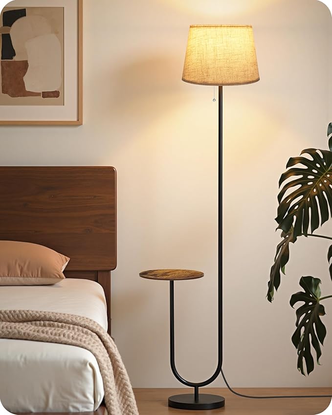 Floor Lamp with Side Table, Standing Lamp for Living Room with Tray, Pull-Chain Switch, for Living Room, Bedroom, 3 Color Temperatures, 9W LED Bulb Included, Rustic Brown and Beige FE21LD05