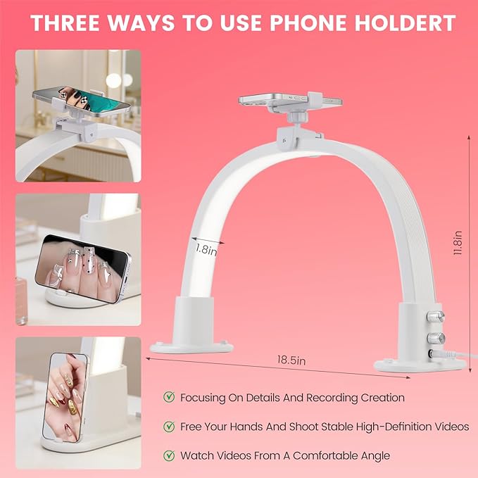 Half Moon Light for Nail Desk: 18.5" Half Moon Nail Tech Light with Phone Holder -Shadow-Free Arch Nail Table Lamp with with 3 Color Modes & 10 Brightness for Manicure Salon (White, 18inch)