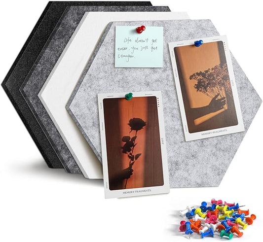 4 Pack Hexagon Felt Bulletin Board Tiles - 11.8" Large Thick Pin Board for Walls with 30 Push Pins, DIY Boards for Office Home School Decor, Aesthetic Hex Cork Board Alternative