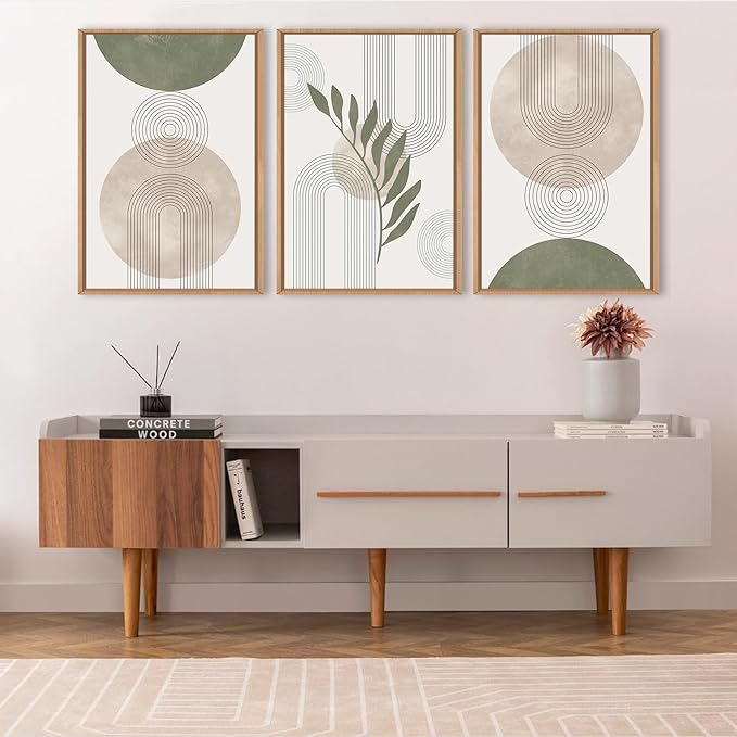 HPINUB Sage Green Boho Framed Canvas Wall Art Set, Minimalist Beige Green Botanical Wall Decor, Abstract Geometric Line Leaf Canvas Painting for Living Room, Dining Room, Office Decor-24 x36 x3