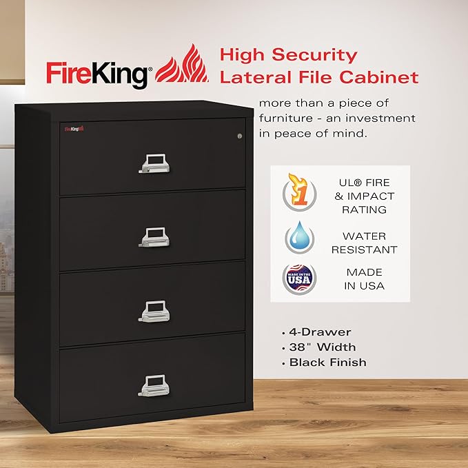 FireKing Fireproof Lateral File Cabinet (4 Drawers, Impact Resistant, Water Resistant), 38" W x 22" D, Black, Made in USA