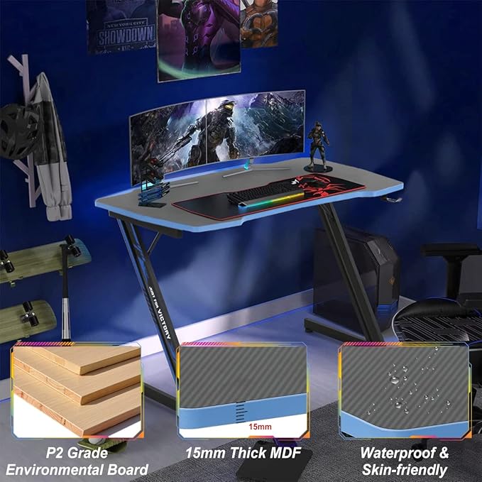 Gaming Desk 47 Inch Z-Shaped Computer Desk Modern Ergonomic PC Computer Table Home Office Desk Racing Style Gaming Workstation with Headphone Hook, Blue