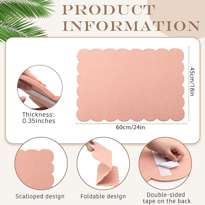 Scalloped Felt Bulletin Board 36 x 24 Inches Foldable Light Pink Pin Cork Board Alternative for Wall, 3' x 2' Trifold Picture Vision Self Adhesive Bulletin Decorative