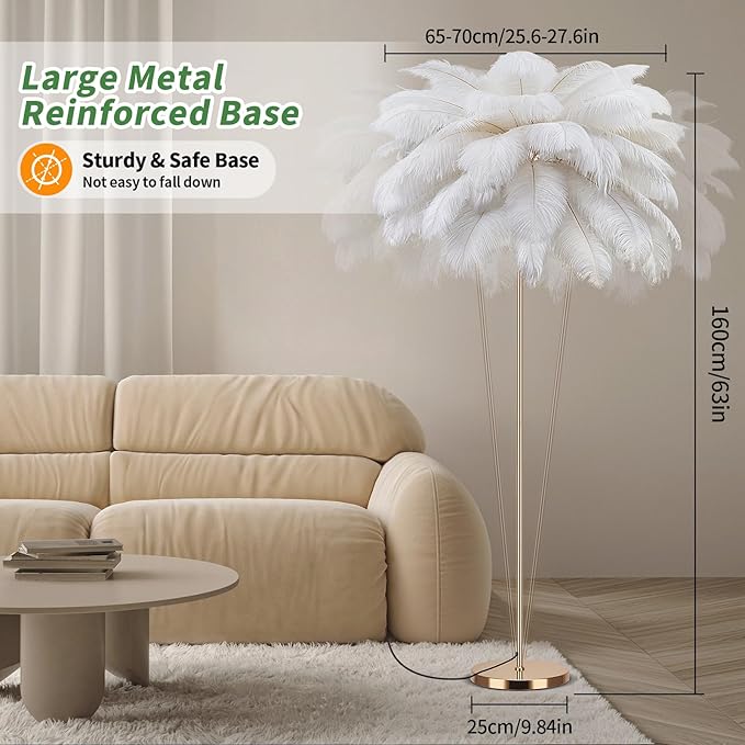 Feather Floor Lamp for Living Room, Fluffy Ostrich Feathers Lamp, Rose Gold Color Body, 3 Color Temperatures Modern Funky Arc Tall Standing Lamp for Bedroom Inclued Bright LED Bulbs (White)