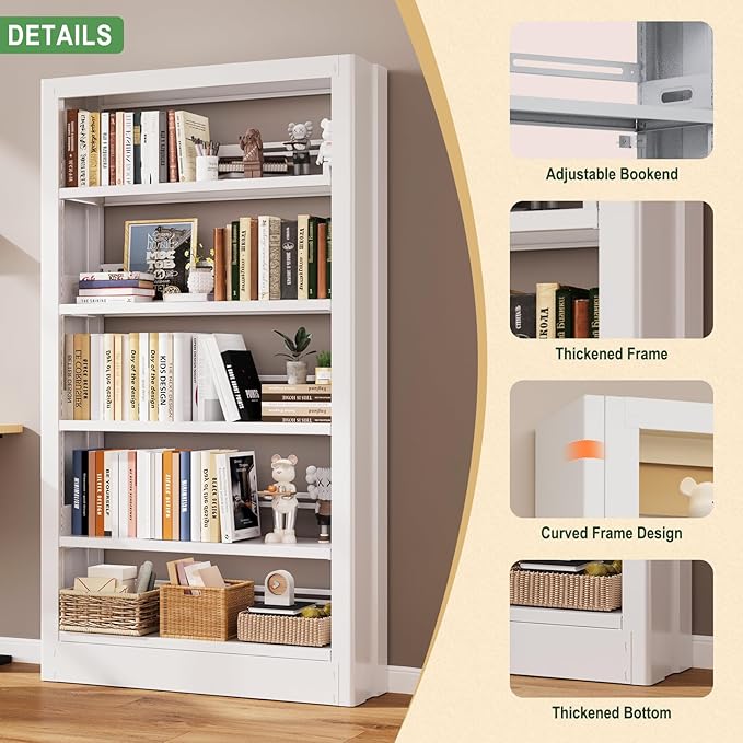 Metal Bookshelf, 5-Tier Bookcase with Adjustable Storage Shelf, 71" Tall Bookcases Heavy Duty bookcase with Bookends, Modern Bookshelf for Living Room, Library, Bedroom,Includes Book Stoppers-White