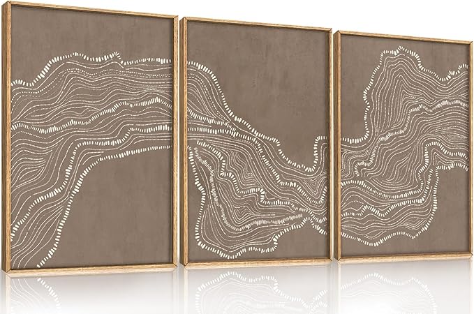 Abstract White Wave Framed Canvas Wall Art,Modern Minimalism Wall Decor,Neutral Geometric Line Art Painting,Textured Brown Artwork for Living Room,Bedroom,Dining Room,Office - 12"x16"x3