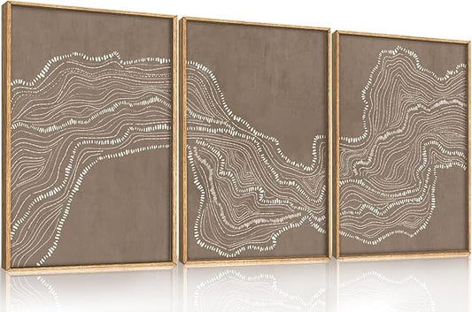 Abstract White Wave Framed Canvas Wall Art,Modern Minimalism Wall Decor,Neutral Geometric Line Art Painting,Textured Brown Artwork for Living Room,Bedroom,Dining Room,Office - 12"x16"x3