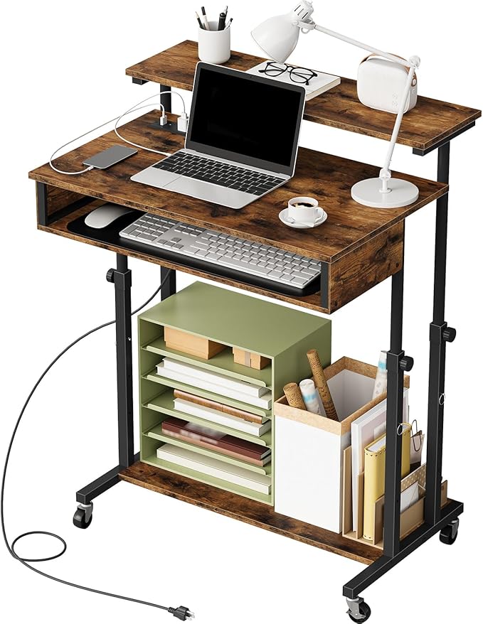 Computer Desk, Standing Desk on Wheels, Rolling Desk with Charging Station, Height-Adjustable Laptop Desk, for Living Room, Home Office, Rustic Brown and Black TDN08UBF