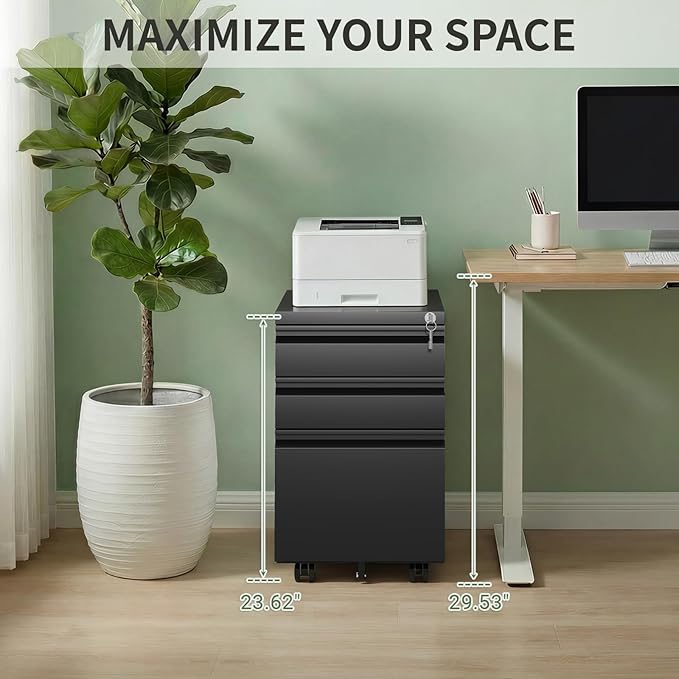 3 Drawer Metal File Cabinet with Lock, Fully Assembled Rolling Filing Cabinet for Home Office, Mobile Under Desk Storage with Wheels, Fits Letter/Legal/A4 Files (Black)