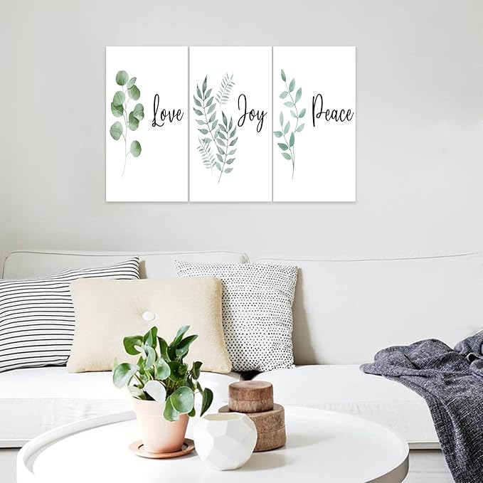 3 Piece Inspirational Wall Art, White Plants Background Picture, Quotes "Love Joy Peace" Canvas Print for Bedroom Decor, Triptych Entrepreneur Painting Framed Artwork for Gym Wall Decor (36"Wx18" H)