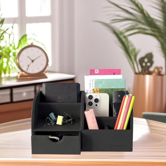 UnionBasic Desk Organizer - Multifunctional Leather Desktop Pen Holder Storage Box - Business Card/Pen/Pencil/Mobile Phone/Stationery Holder, Taiga Dark Gray