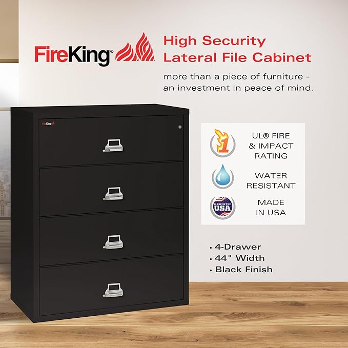 FireKing Fireproof Lateral File Cabinet (4 Drawers, Impact Resistant, Water Resistant), 44" W x 22" D, Black, Made in USA