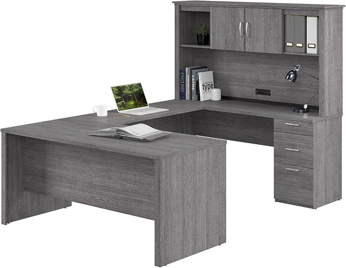 Bestar U or L Shaped Desk with Drawers and Hutch, Executive Workstation for Home or Professional Office, 66 Inches, Logan Collection, Bark Grey