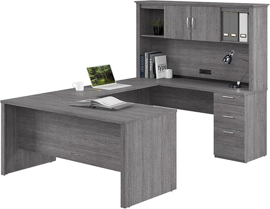 Bestar U or L Shaped Desk with Drawers and Hutch, Executive Workstation for Home or Professional Office, 66 Inches, Logan Collection, Bark Grey