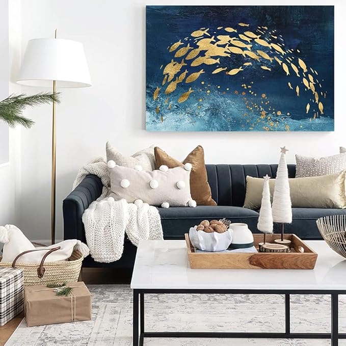 Wall Art Canvas Abstract Ocean Art Paintings Golden Fish Dancing in Blue Sea Modern Artwork Decor for Living Room Bedroom Kitchen 48x32in