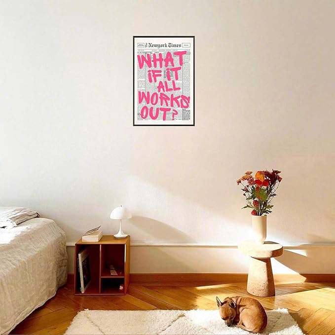 Drimiler Retro Newspaper Pink Font Poster What If It All Works Out Canvas Wall Art Positive Affirming Quote Minimalist Prints Painting For Home Bedroom Dorm Wall Decor 8x12in Framed