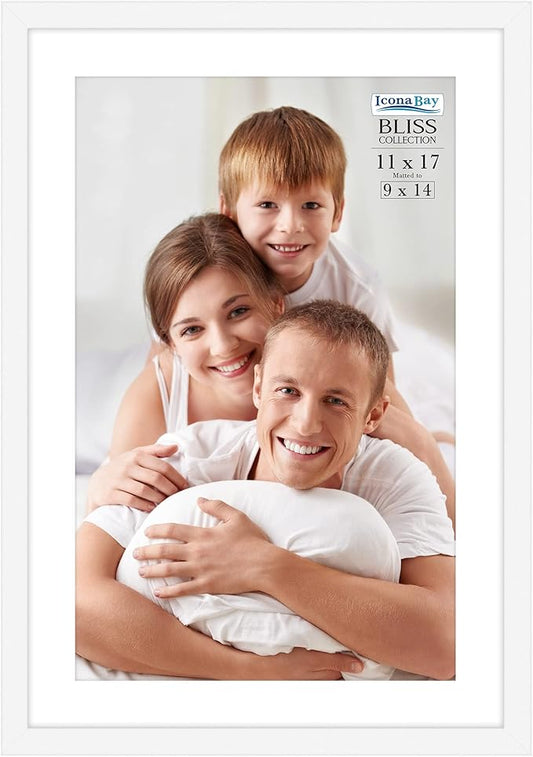 Icona Bay - 11x17 White Picture Frame Fits 10x16 Photos with Mat to 9x14 Image - Modern Style Engineered Wood Poster Frame - Wall Mount Only - Bliss Collection