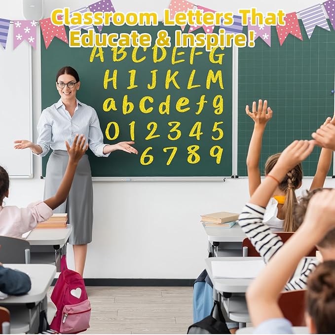 273 Pcs 4 Inch Glitter Bulletin Board Letters Set - Poster Board Letter Cutouts with Alphabet, Symbols, Numbers, Storage Bag - Classroom Decor, DIY Projects, Teacher Supplies, Office (Golden)