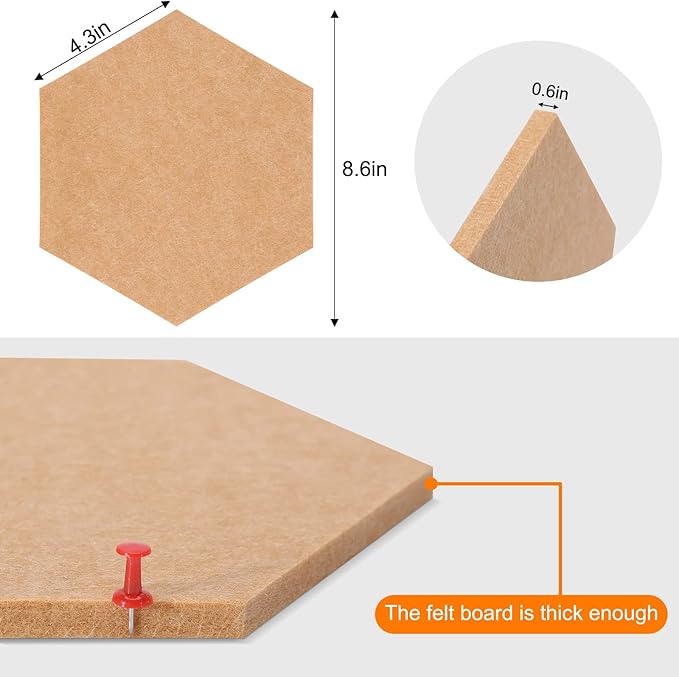 Bulletin Board Hexagon Pin Board 8 Pack, Felt Board Tiles 20 Push Pins Alternative to Cork Board for Wall Damage-Free, Decorative Notice Board Memo Board for Home Office School