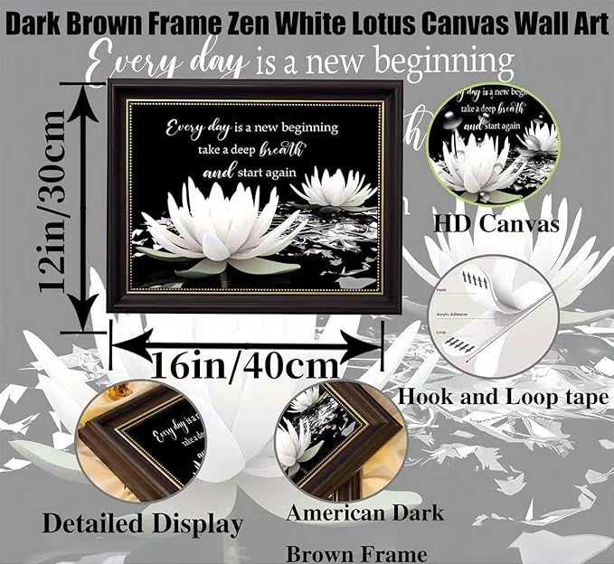 Dark Brown Frame Zen White Lotus Canvas Wall Art On In Water Blooming White Lotus Picture Wall Decor Spiritual Meditation Poster Print Painting for Modern Yoga Spiritual Spa Home Decoration